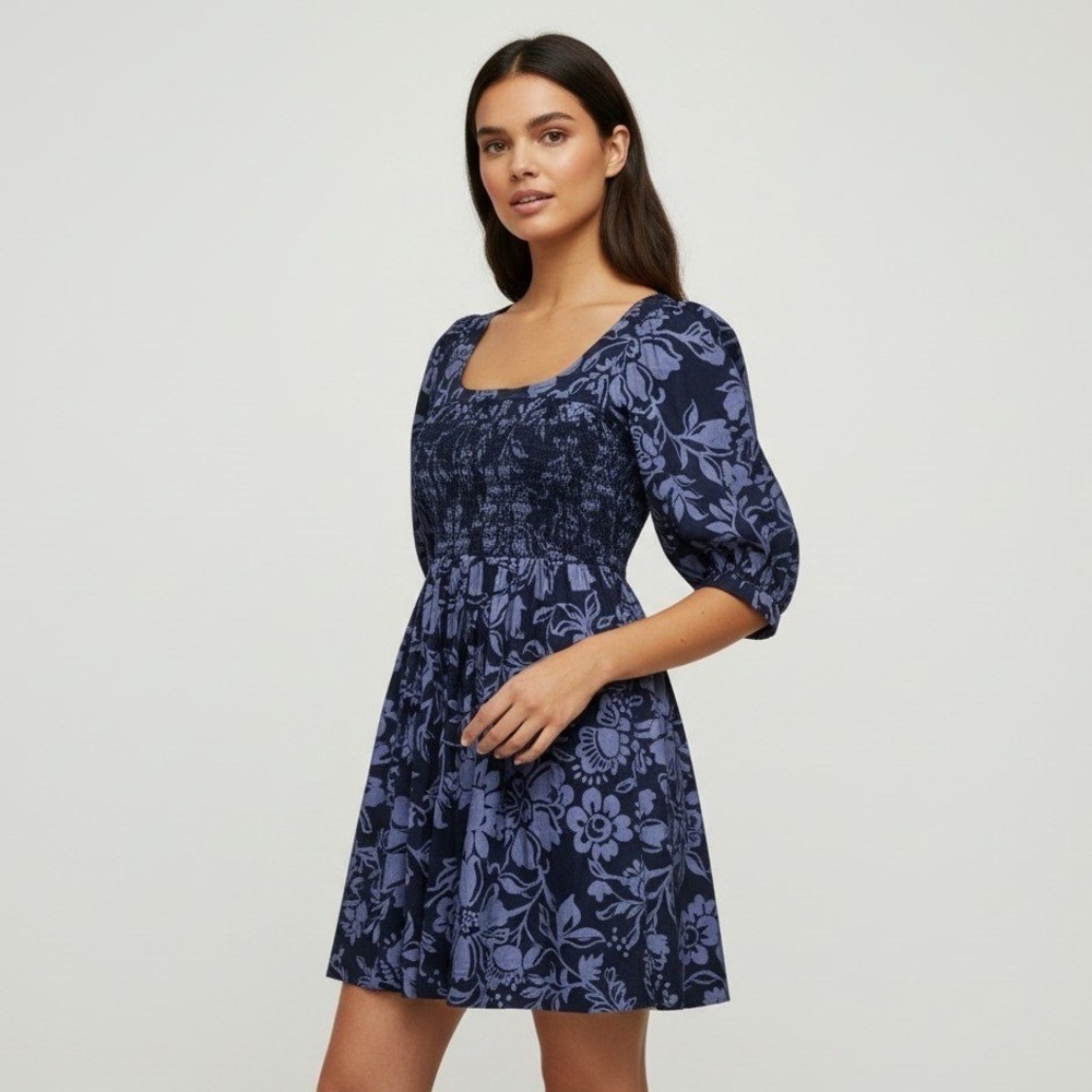Free People Denim Combo Floral Smocked Open Back Mini Dress Size XS OB2070967